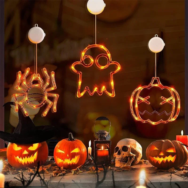 Halloween Window Hanging LED Lights Spider Pumpkin Hanging Ghost Horror Atmosphere Lights Holiday Party Decorative Lights Home Decor.